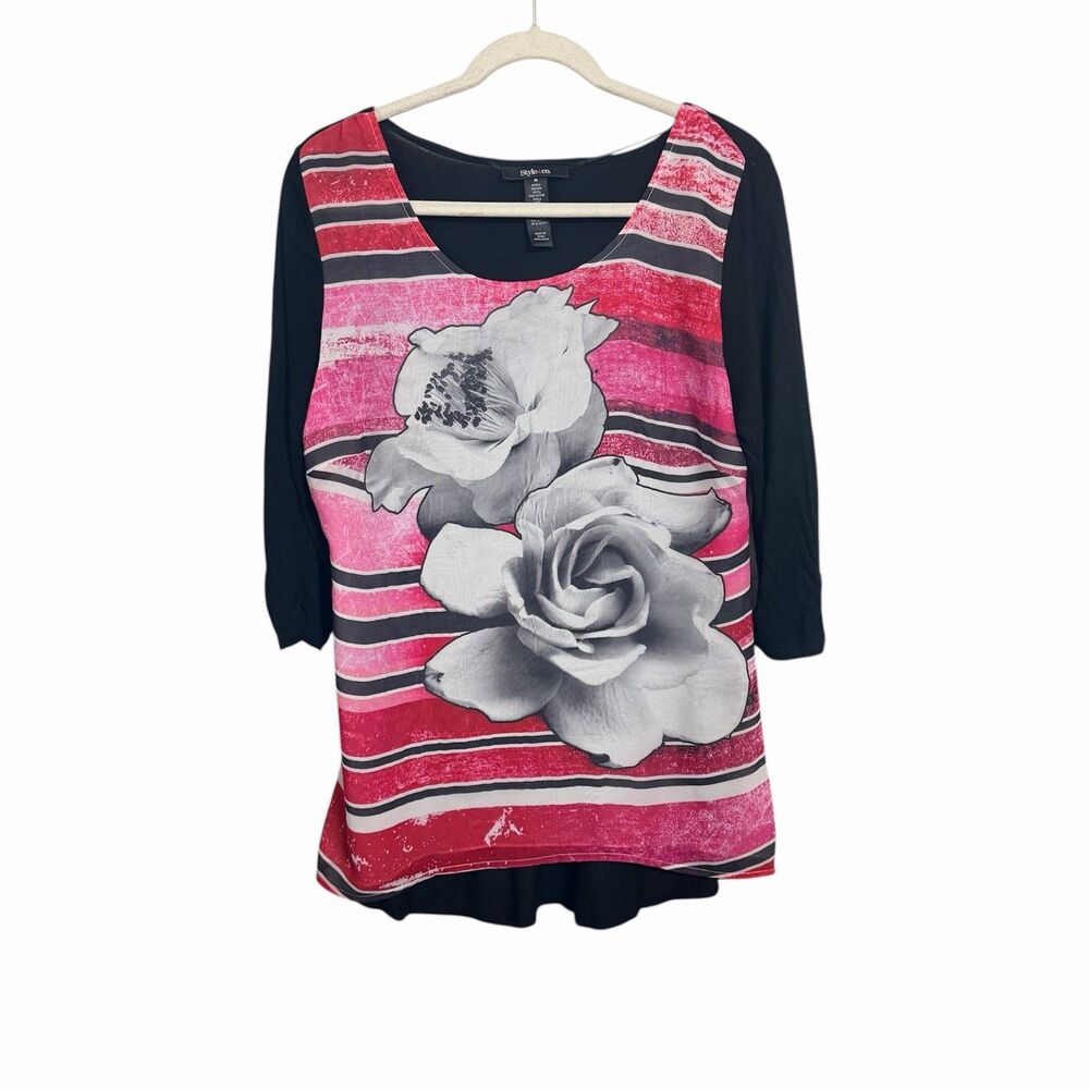 Style & Co Womens Sz M Floral Striped Lined Romantic Blouse Top Shirt Y2K